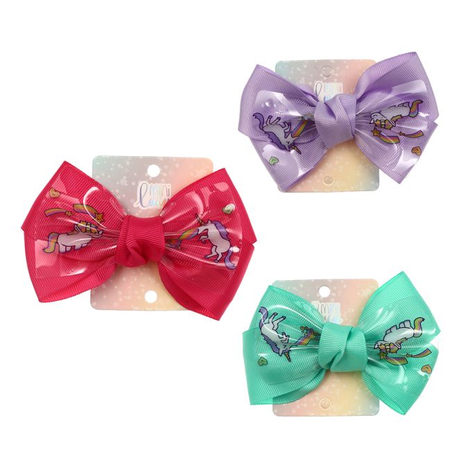 Hebilla francesa infantil moño doble estampa unicornio; x1u