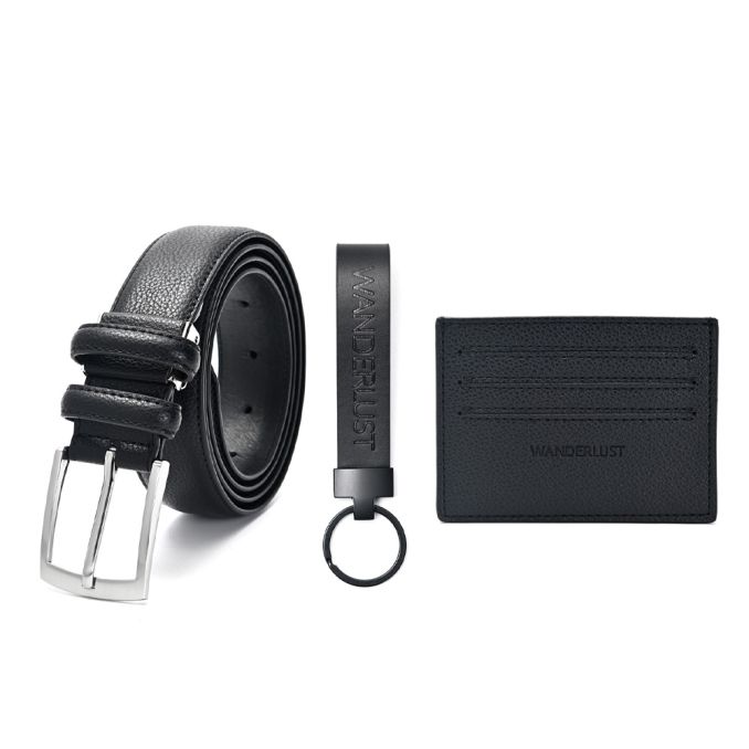 Set de accesorios WANDERLUST con caja - compuesto de tarjetero. cinto de vestir y llavero clasico -
