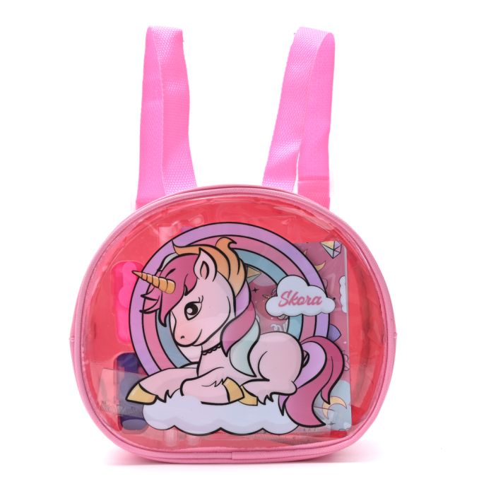 Mochila con Set libreria incluye cuaderno Unicornio en arcoiris Rosa 21X8X19cm x1u.