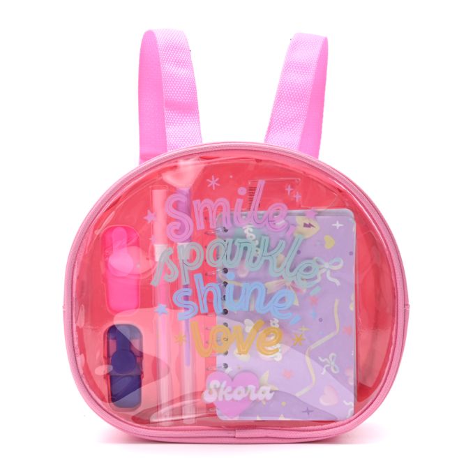 Mochila con Set libreria incluye cuaderno Smile Sparkle rosa 21X8X19cm x1u.