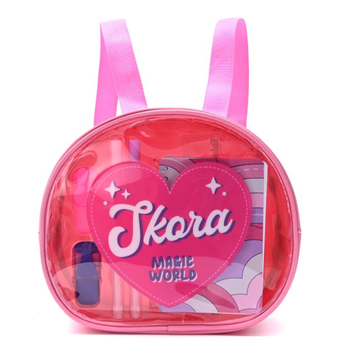 Mochila con Set libreria incluye cuaderno Corazon Skora Fucsia 21X8X19cm x1u.