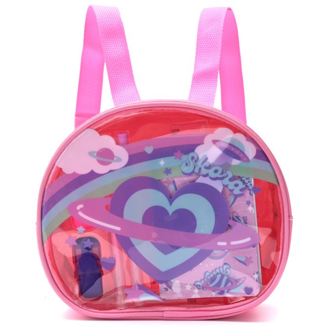 Mochila con Set libreria incluye cuaderno Corazon planeta Skora Rosa 21X8X19cm x1u.