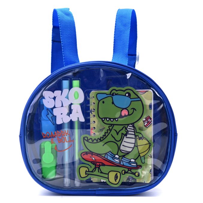 Mochila con Set libreria incluye cuaderno Dino skater Azul 21X8x19cm x1u.