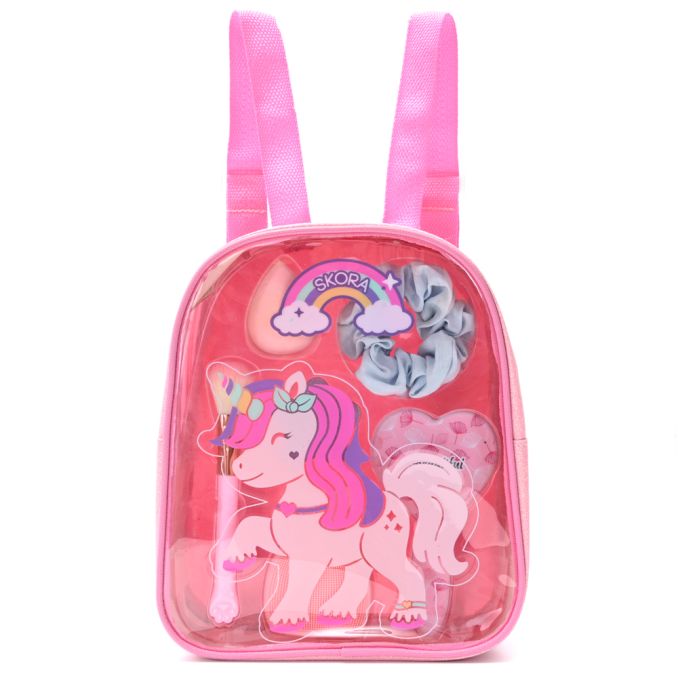 Mochila con Set Beauty Unicornio fondo multicolor con Cepillo - Brocha - Scrunchie - Pincel - Kit e