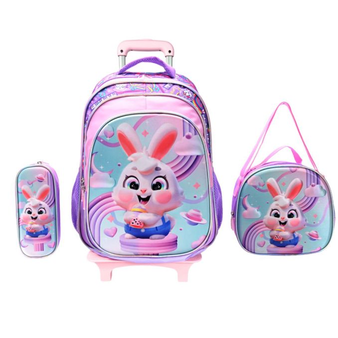 Set x4 en caja. Mochila carro con Lunchera y Cartuchera Escolar Think Happy Pets conejo 16 Pulg. x1