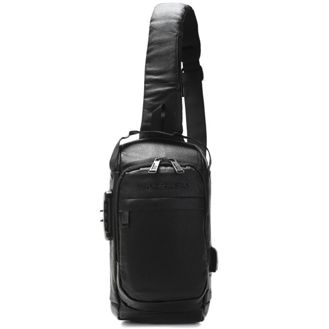 Morral Sling con cerradura y USB PU graneado 32x18x10cm bolsillo horizontal x1u