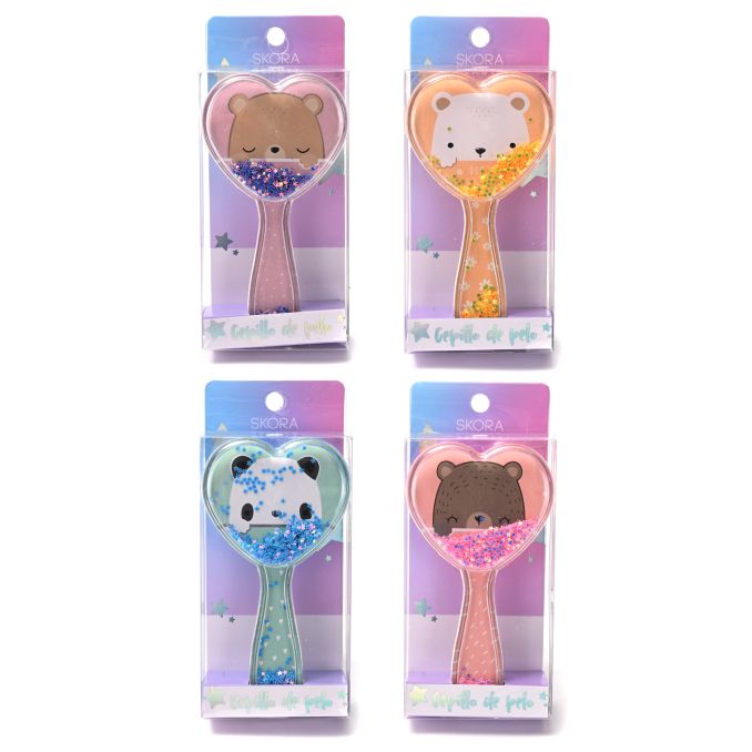 Cepillo de pelo neumatico forma corazon con animales con glitter x1u