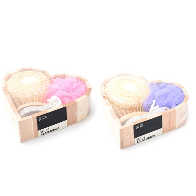 Set de ducha canasta corazon con cepillo, piedra pomez, esponja de baño y esponja exfoliante x4u