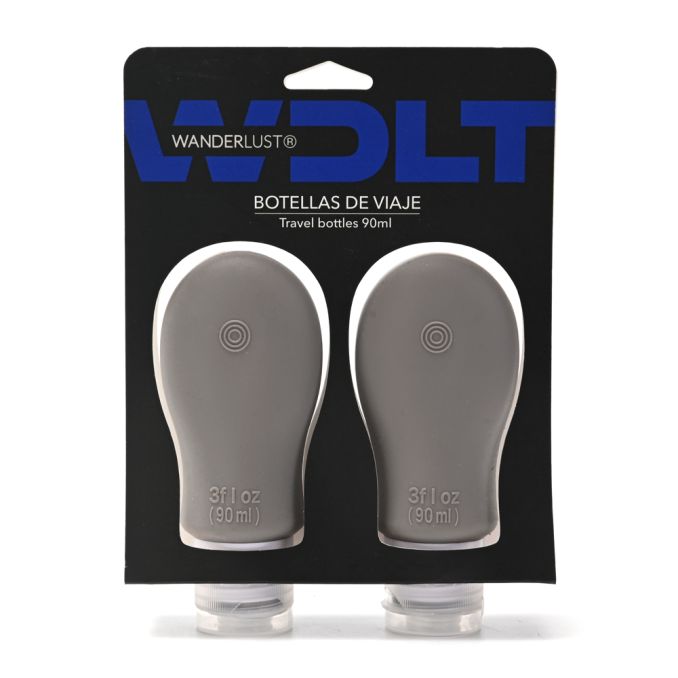 Set Envases Para Rellenar Viaje Gris x 2 Unidades de 90 ml de silicona y sopapa Wanderlust - x1u