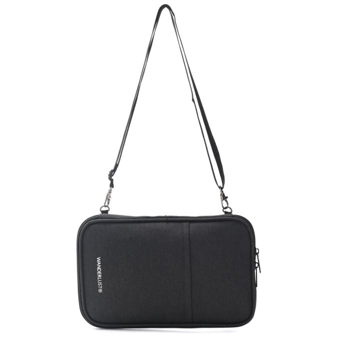 Organizador Porta Pasaporte Negro con cierre. correa de hombro extraíble Wanderlust 24x15x2.5cm -