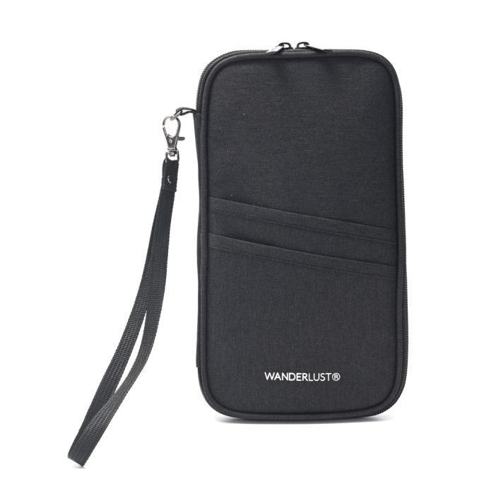 Organizador Porta Pasaporte Negro con cierre y correa de muñeca extraíble Wanderlust 24x2x13cm -