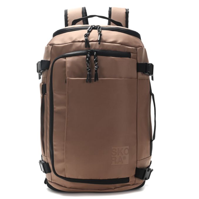 Mochila Travel SKR Camel con apertura frontal,compartimento portanotebook,bolsillo lateral antirro