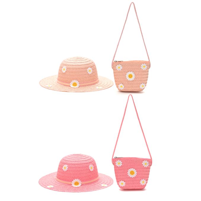Set de sombrero y carterita nena capelina con margaritas SKR x1u