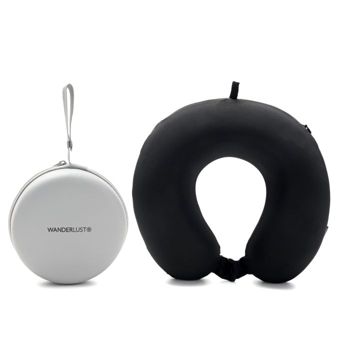 Almohadita de viaje Memory Foam Negra plegable con estuche de guardado Wanderlust 30x30cm estuche