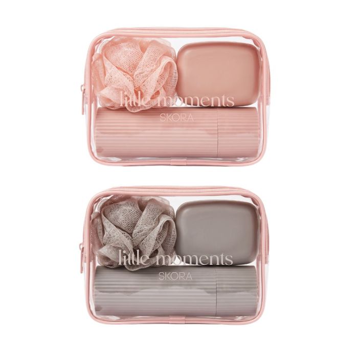 Set spa de viaje con neceser, esponja pompom, jabonera, peine, porta cepillos x4u