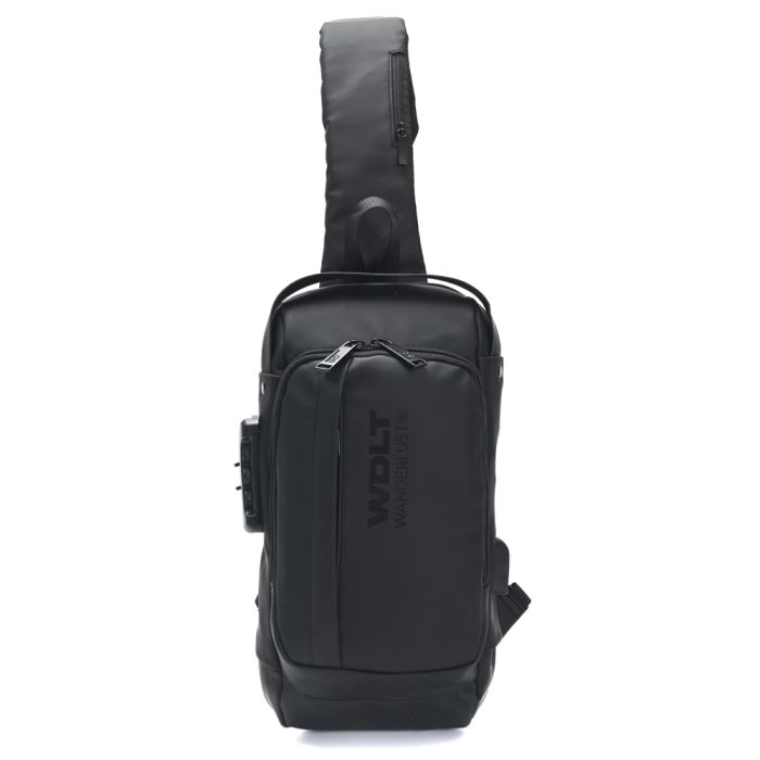 Morral Sling con cerradura y USB tela impermeable 32x18x10 c/ bolsillo vertical - x1u