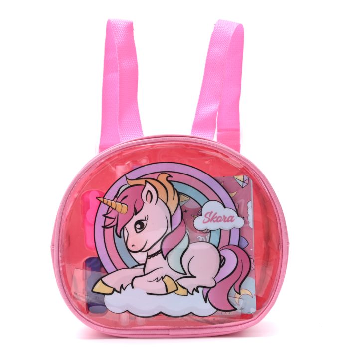 Mochila con Set libreria incluye cuaderno Unicornio en arcoiris Rosa 21X8X19cm x1u.