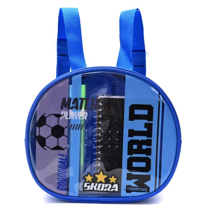 Mochila con Set libreria incluye cuaderno Futbol world Azul -21X8X19cm x1u.