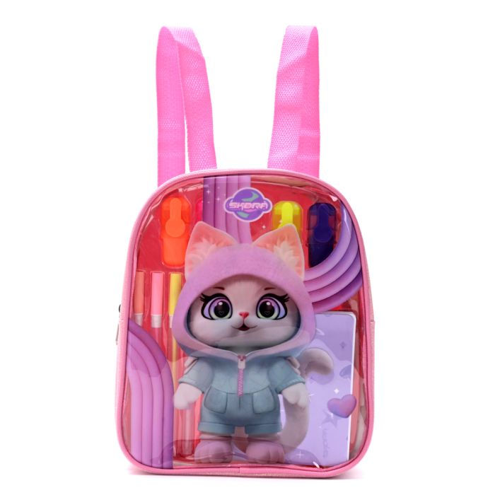 Mochila con Set libreria incluye cuaderno Gatito con orejitas 21X7X25cm x1u.