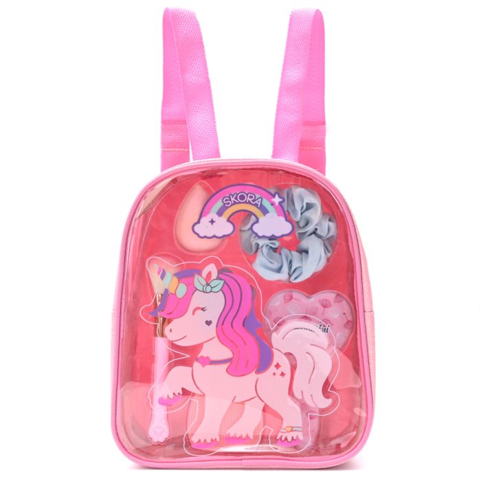 Mochila con Set Beauty Unicornio fondo multicolor con Cepillo - Brocha - Scrunchie - Pincel - Kit e