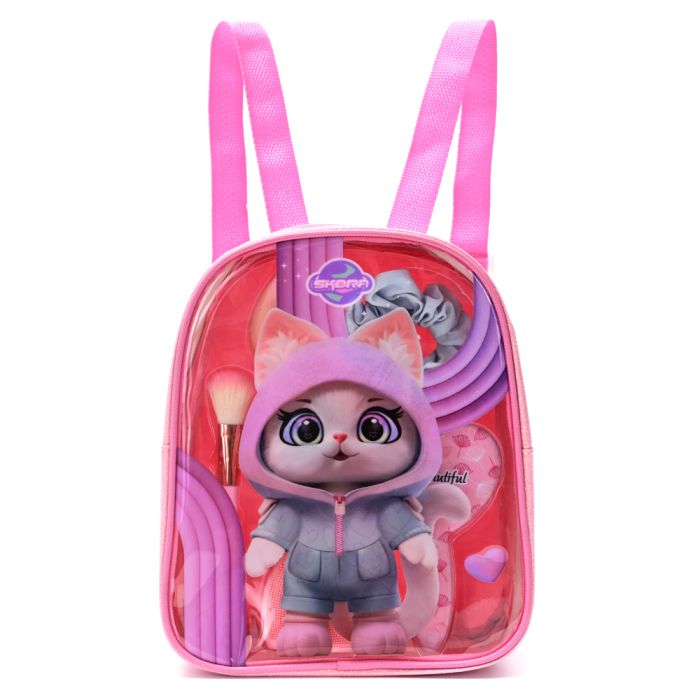 Mochila con Set Beauty Gatito con orejitas con Cepillo - Brocha - Scrunchie - Pincel - Kit esponjas