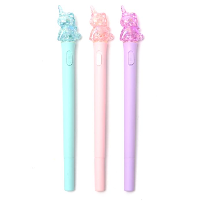 Lapicera tubular con luz unicornio varios colores tinta azul x36 u.