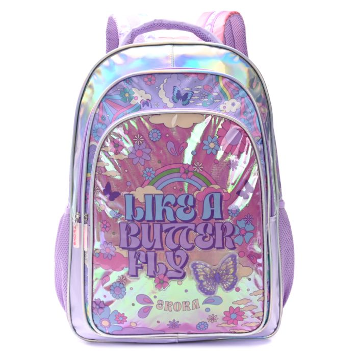 Mochila Think Happy Rainbow arcoiris mariposas con llavero 32x45x15cm 18 Pulg. x1u.
