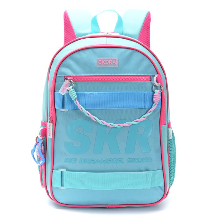 Mochila Think Happy Cromatico verde agua con pipping fucsia con llavero 32x43x15cm 17 Pulg. x1u