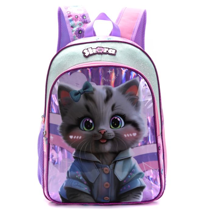 Mochila Think Happy Pets gatita gris con llavero 16 Pulg. x1u.