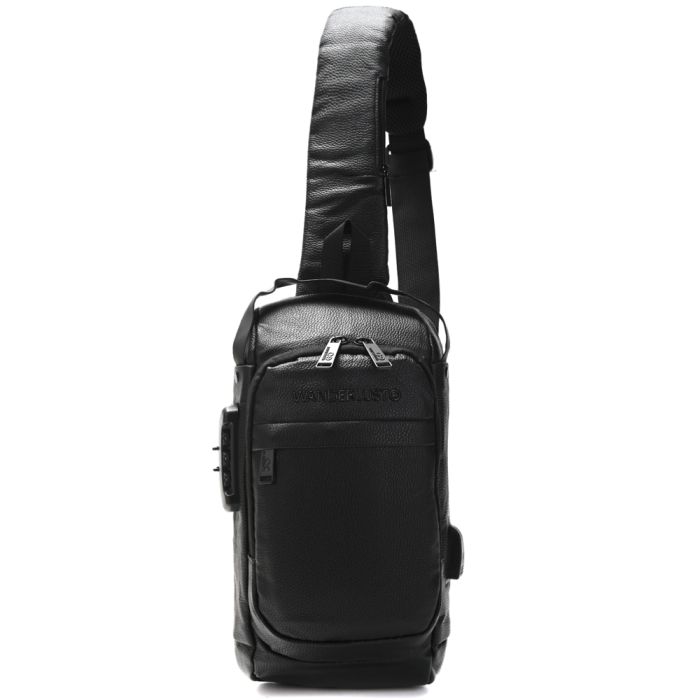 Morral Sling con cerradura y USB PU graneado 32x18x10cm bolsillo horizontal x1u