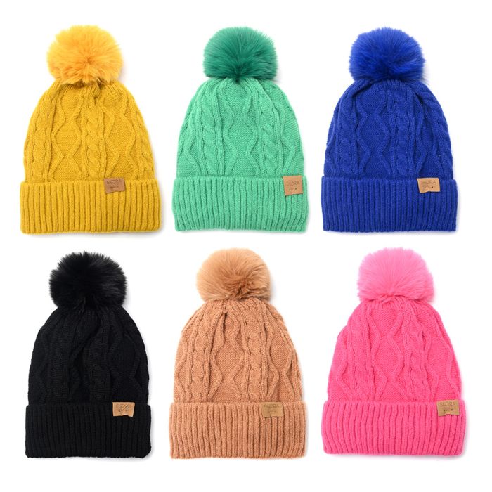 Gorro tejido mujer con pompom interior piel x1u