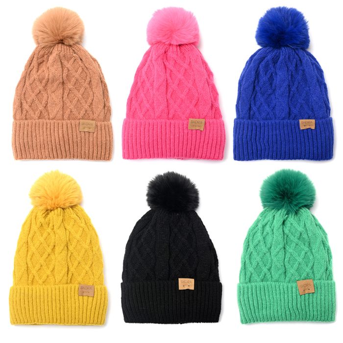 Gorro tejido mujer con pompom interior piel x1u