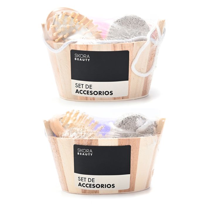 Set de ducha canasta con cepillo, piedra pomez y esponja de baño x3u