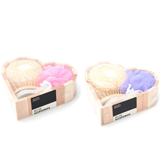 Set de ducha canasta corazon con cepillo, piedra pomez, esponja de baño y esponja exfoliante x4u