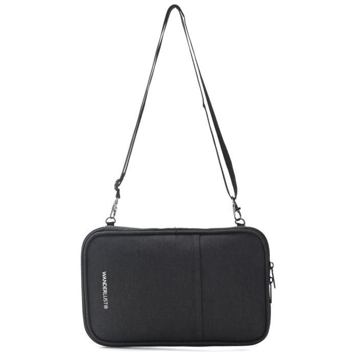 Organizador Porta Pasaporte Negro con cierre. correa de hombro extraíble Wanderlust 24x15x2.5cm -