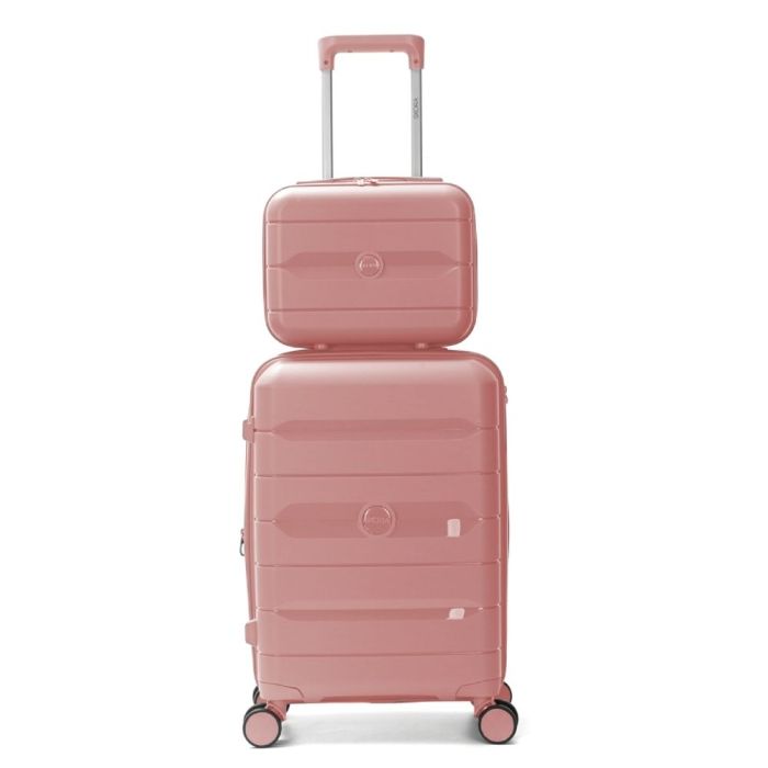 Set valija 20 pulg y Beauty SKR PP Rosa Palido ,4 ruedas dobles , con expansion y cerradura de com