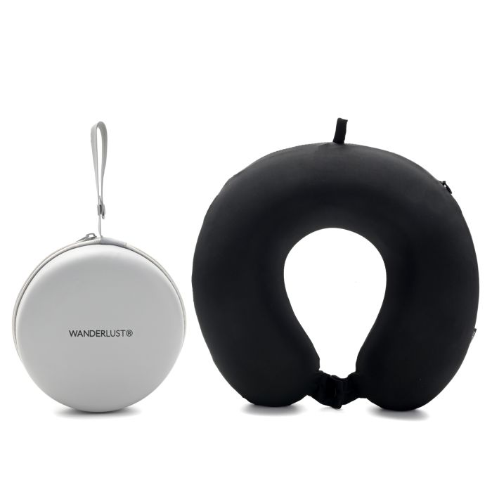 Almohadita de viaje Memory Foam Negra plegable con estuche de guardado Wanderlust 30x30cm estuche